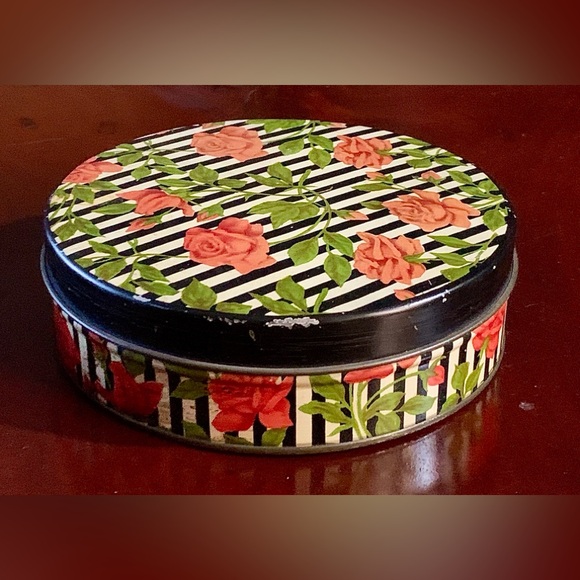 Mid Century Vtg Floral Striped Metal Lidded Candy Biscuit Tin - Picture 11 of 16